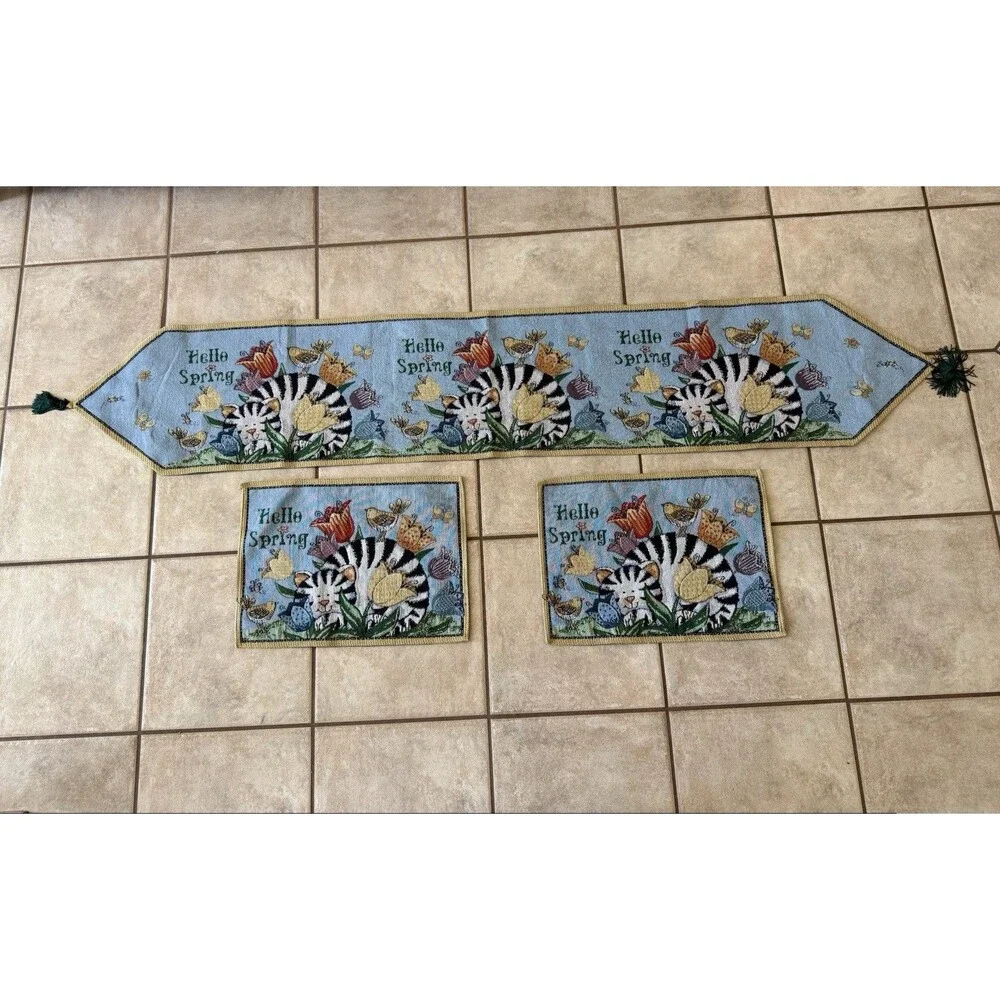 Springtime Cat Butterfly Bird Floral Tapestry Long Table Runner And 2 Placemats